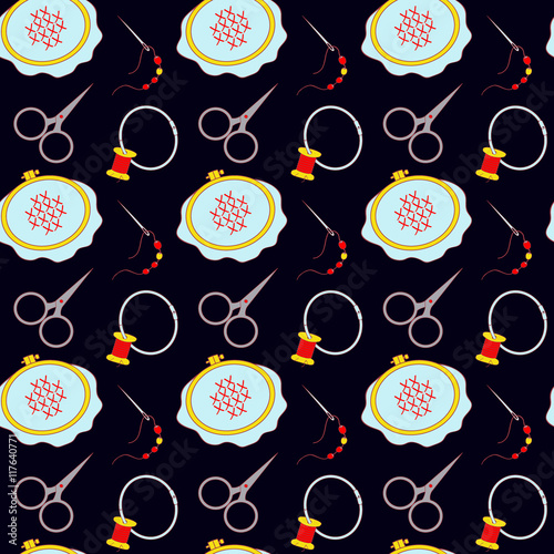 Hoop, scissors, organizer, spool and other tools for embroidery. Collected in a vector seamless pattern on black background for use in design, web site, packaging, textiles, wallpaper, paper.