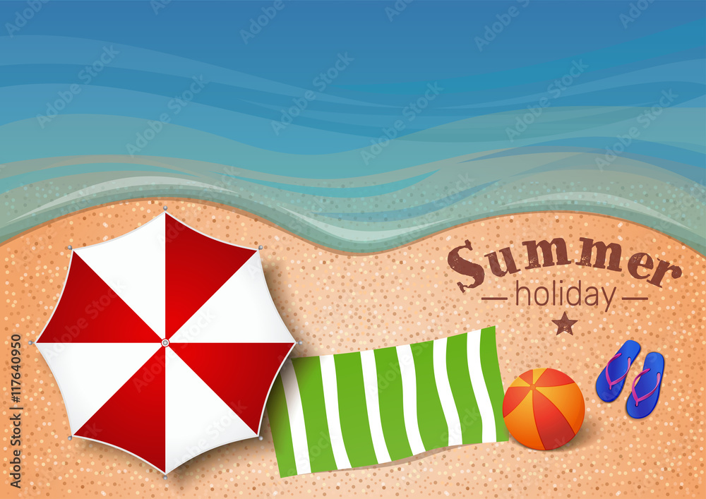 Summer background with the sea, sand beach, beach umbrella, towel, ball ...