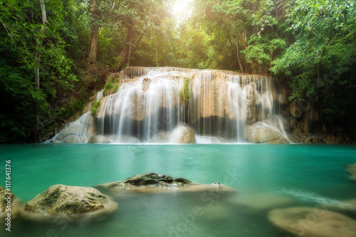 Erawan Waterfall in Kanchanaburi in Thailand. 