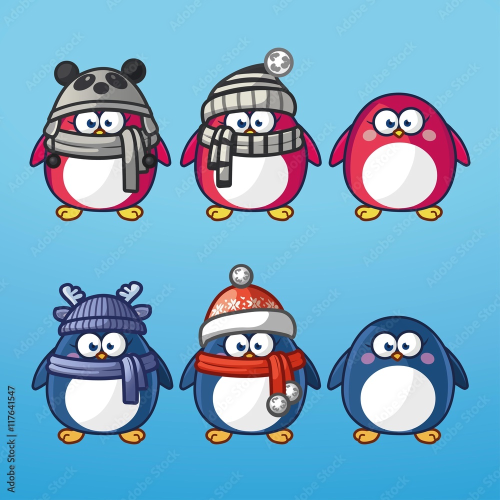 Funny cartoon pinguins with winter hats set Funny cartoon pinguins with winter hats set