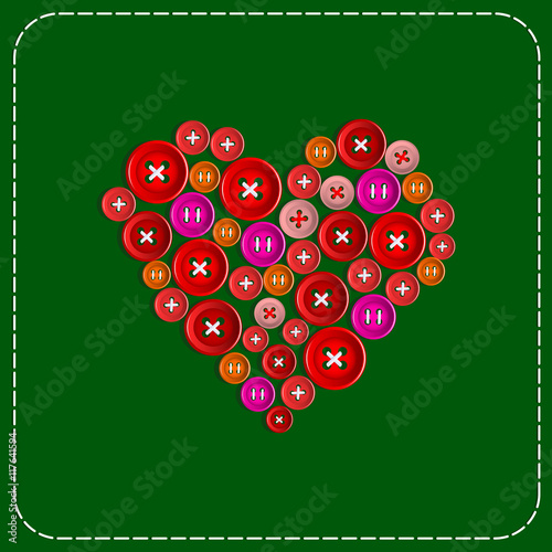 Button-heart. Background picture. Red to green. Plastic buttons sewn with white thread. Vector Image.