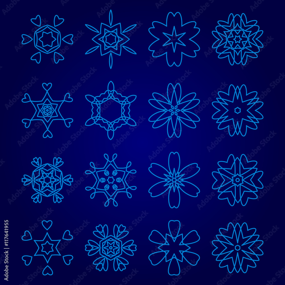 Set of decorative snowflakes, collection of winter design templates, blue color