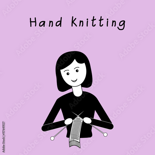 Girl are knitting hand made scarf. Black and white flat design on an lilac background. Vector illustration. It can be used for the avatar, design; printing, label, emblem.
