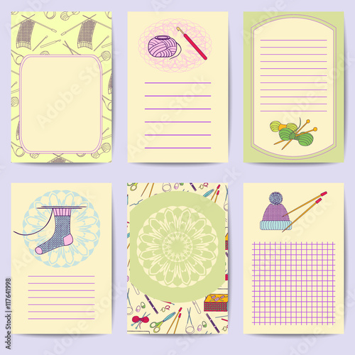 Set printable journal cards. Bright collection with knitting tools. Stock vector illustrations of  knitting objects, handicraft, hand made. It can be used for planning, poster, scrapbook
