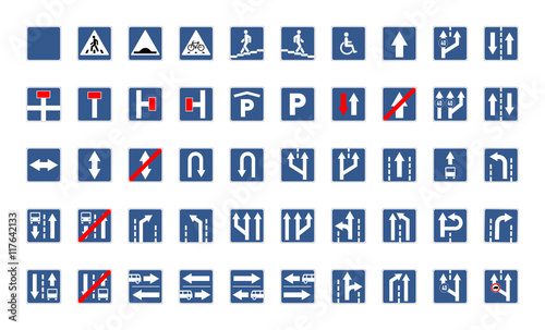 Set of blue square road signs isolated on white
