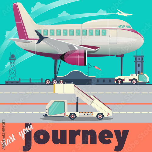 Airport and airplane flat vector illustration