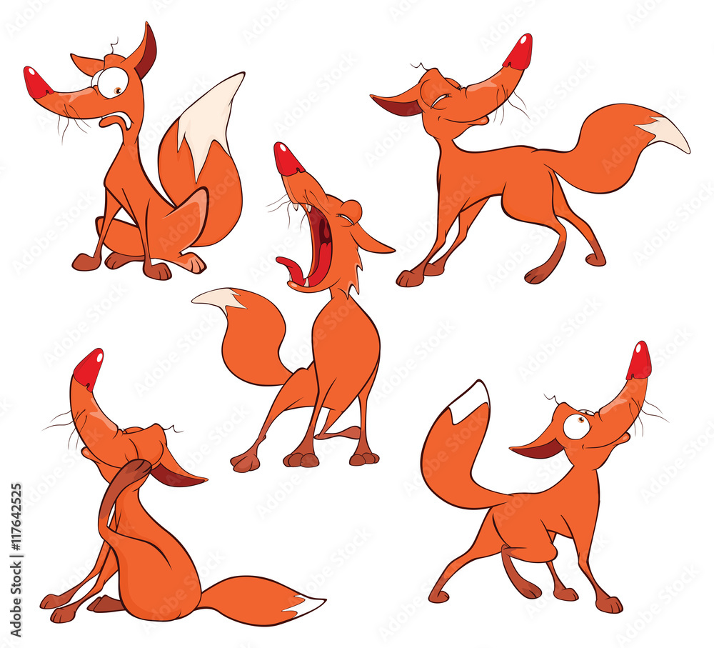  Illustration of a set of Funny Red Foxes. Cartoon Character