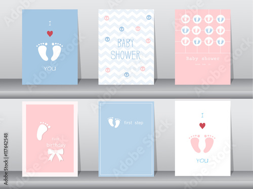 Set of baby shower invitations cards,poster,greeting,template,footprints,Vector illustrations