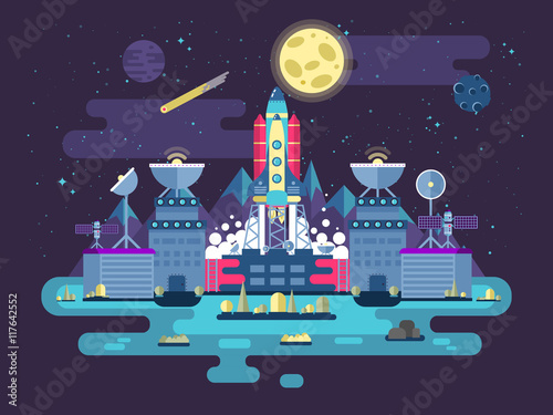 Fototapeta Naklejka Na Ścianę i Meble -  illustration the facade of the station building and ancillary facilitieswith soaring rocket into space for the expedition  research on the background  open outer  in flat style