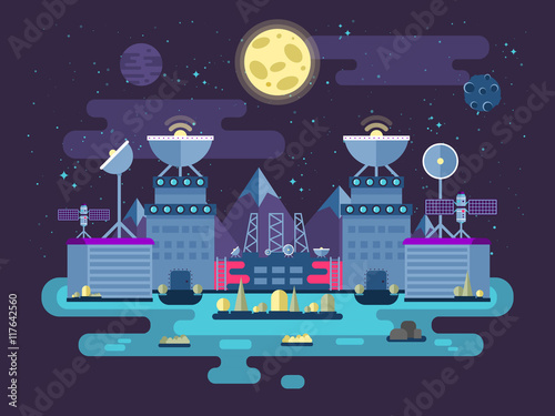 illustration of the facade  the station building and ancillary facilities for launching rockets into space  the expedition  research the background  open  in the flat style