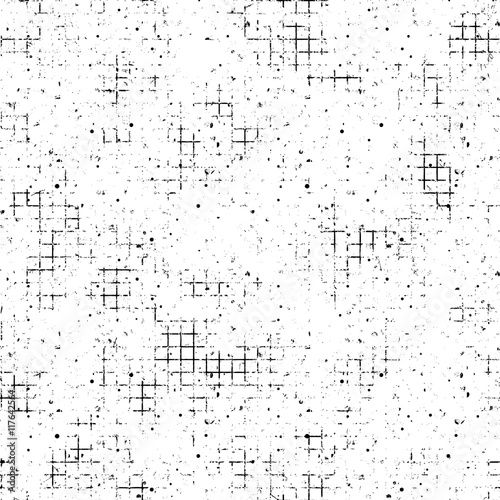 Seamless vector texture. Grunge black and white checkered background with attrition, cracks and ambrosia. Old style vintage design. Graphic illustration. Series of Grunge Old Seamless Patterns.