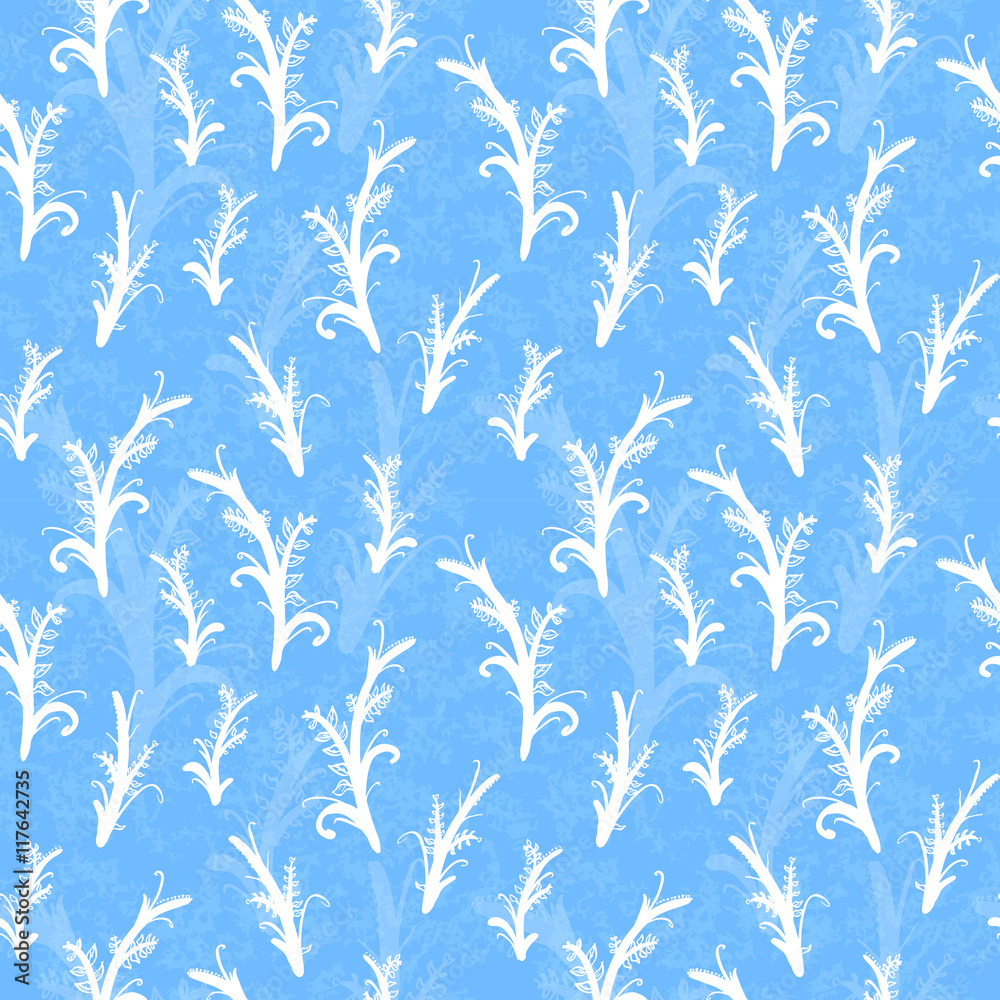 White plant silhouettes on blue, seamless pattern