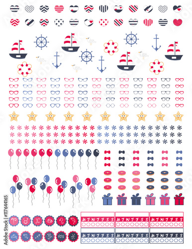 Decorative sheet for planners,agendas,bullet journals etc.For projects.Astrology stickers and icons.Nautical colors,summer vibe printable graphics,Vector clipart.Clipart