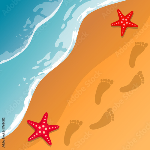 Beach background. Sea shore. The waves and sand. Sea stars. Traces of feet in the sand. Vector Image.
