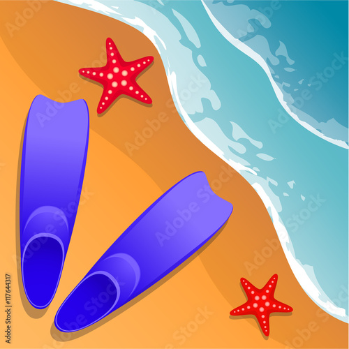 Beach background. Flippers and starfish on the sand. Sea shore. Flat style. Cartoon. Vector Image.