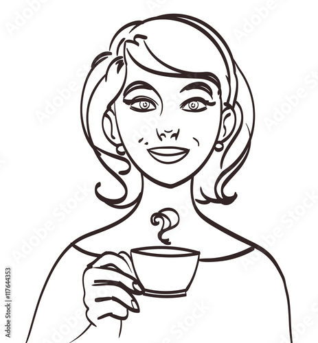 vector cute smiling woman with tea or coffee. Isolated eps 10