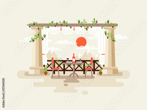 illustration of table between the columns with a bottle  wine and glasses,  mountain view, place to rest  drinking  in flat style