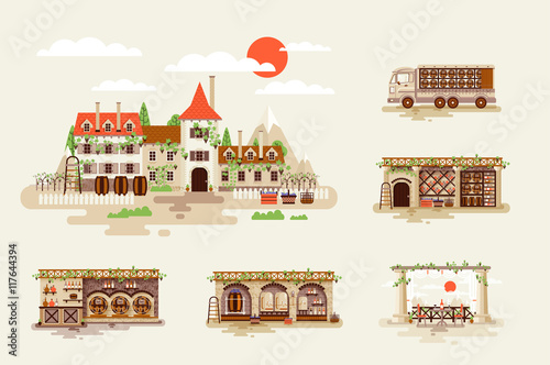Illustration for wine business, facade and interior of winery with vineyards, shop, cellar, transportation delivery  whiskey  alcoholic beverage in flat style