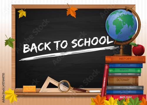 Blackboard. Back to school. Chalkboard with lettering, books and autumn leaves. Vector illustration photo