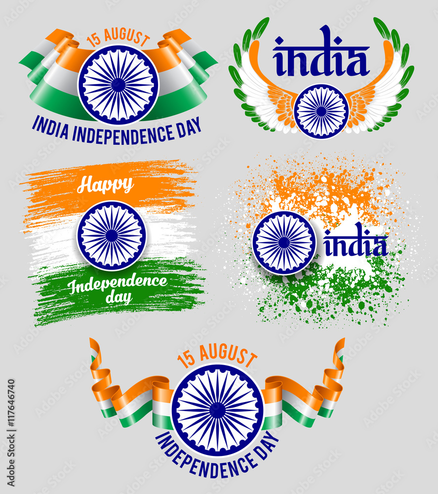 Set of emblems for indian holiday India Independence Day. Best ...