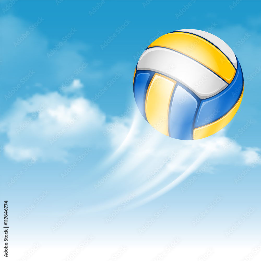 Color Volleyball Ball Flying on Cloudy Sky Background. Realistic Vector ...
