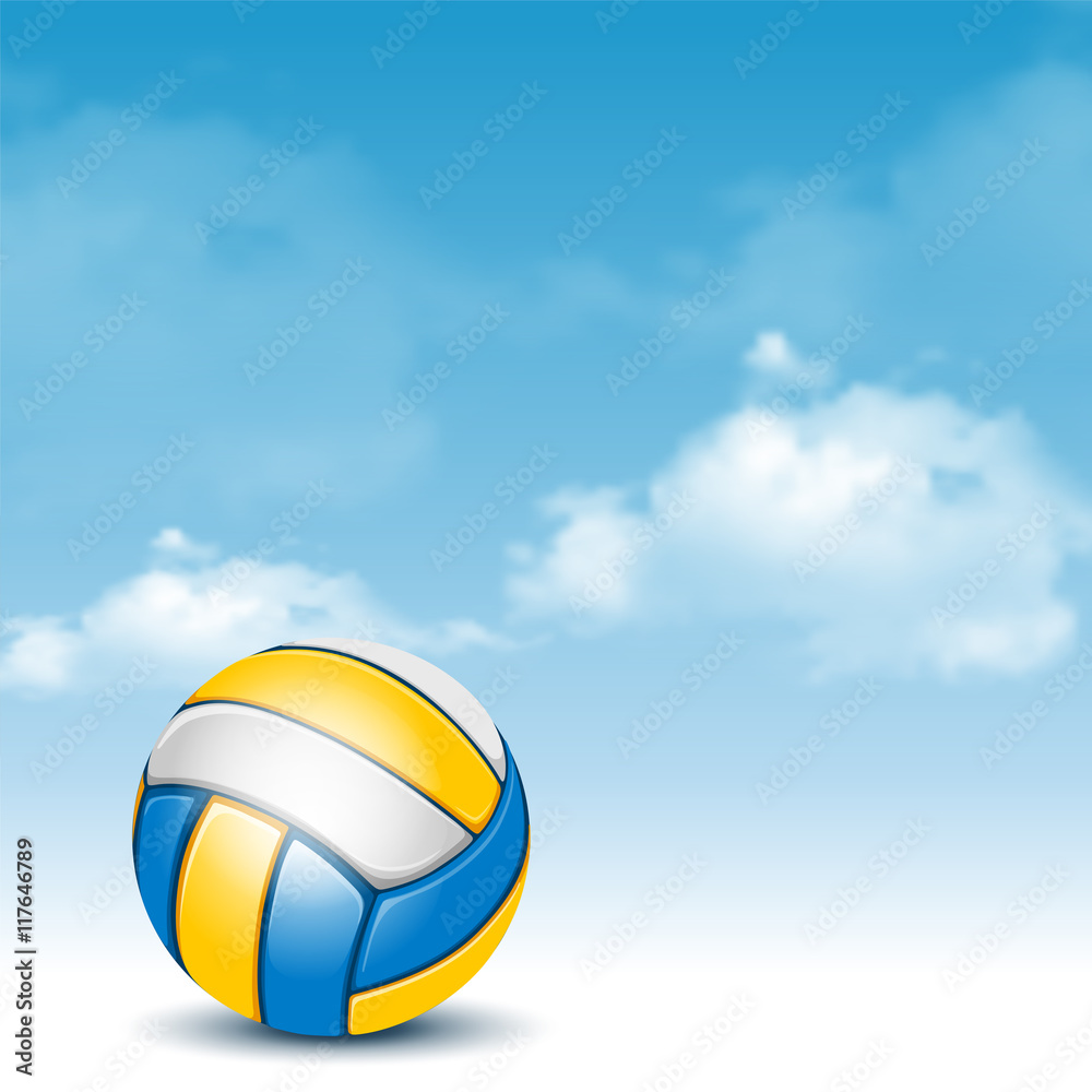 Color Volleyball Ball on Cloudy Sky Background. Realistic Vector Illustration. 