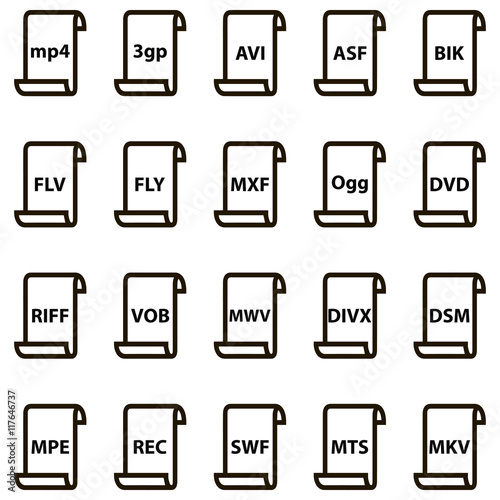 Set icons of document file formats video. Vector illustration for print or website design