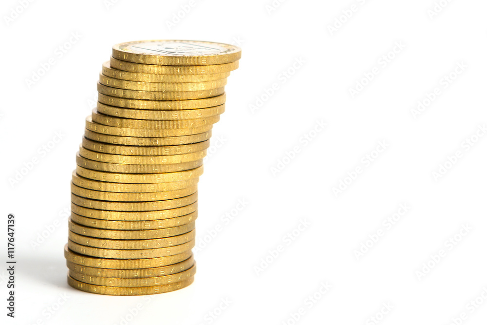 Crooked Stack of Shiny Gold Coins Isolated Crooked Stack of Shiny Gold Coins Isolated