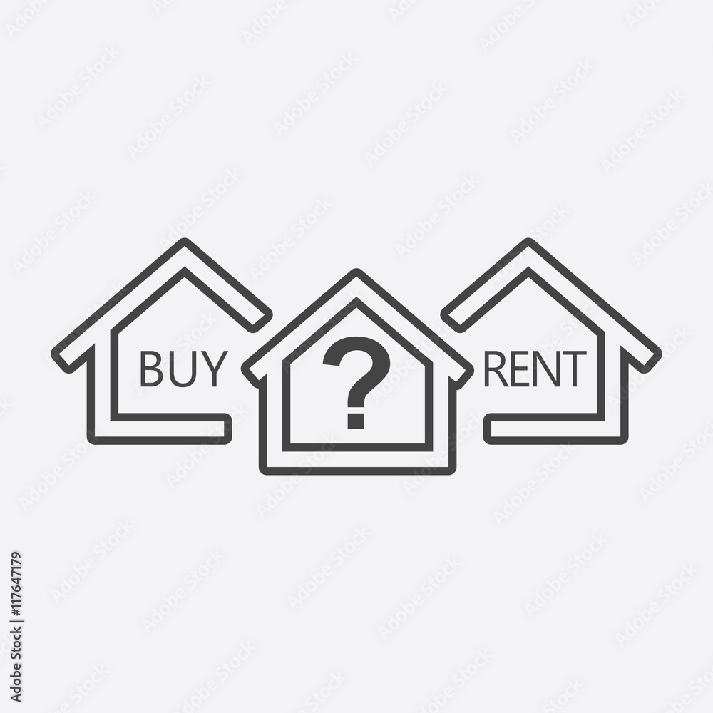 Concept of choice between buying and renting house in line style. Black home icon with the question. Vector illustration in flat style on white background. Concept of choice between buying and renting house in line style. Black home icon with the question. Vector illustration in flat style on white background.