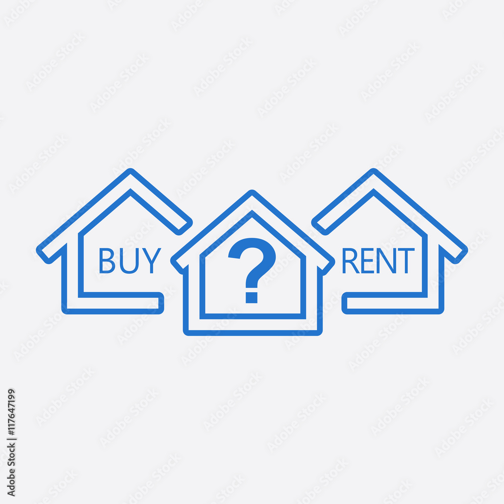 Concept of choice between buying and renting house in line style. Blue home icon with the question. Vector illustration in flat style on white background.
