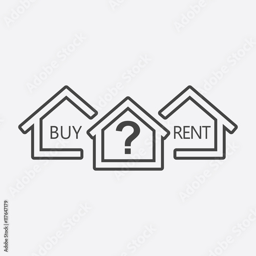 Concept of choice between buying and renting house in line style. Black home icon with the question. Vector illustration in flat style on white background.