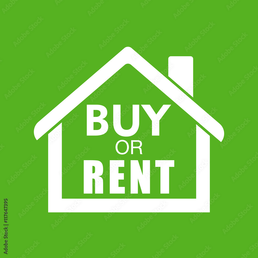 Buy or rent house. White home symbol with the question. Vector illustration in flat style on colourful green background. Buy or rent house. White home symbol with the question. Vector illustration in flat style on colourful green background.