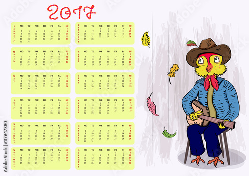 Calendar for the year 2017. Fire rooster symbol