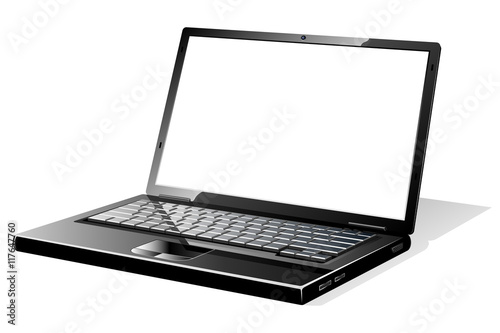 Modern black opened laptop with blank white screen.