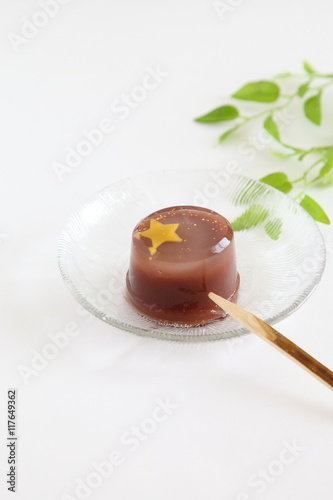 Japanese traditional summer sweet azuki-bean jelly Mizu-yokan covered with beautiful star shaped citron flavored jelly