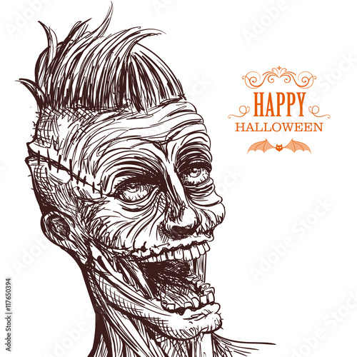 Vector Illustration of a Hand Drawn Scary Zombie Character. Happy Halloween Card.