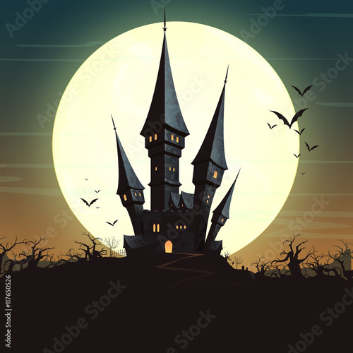 Vector Illustration of a Landscape with a Spooky Haunted Halloween Castle and a Full Moon