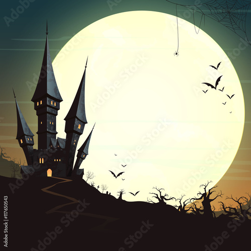 Vector Illustration of a Landscape with a Spooky Haunted Halloween Castle and a Full Moon