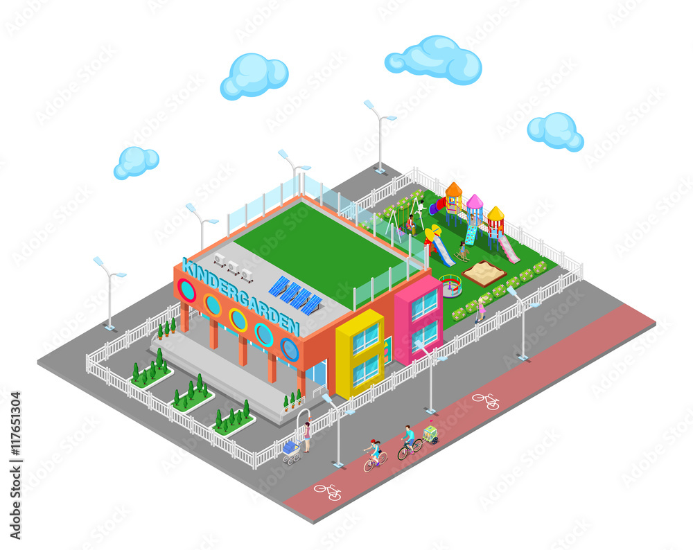 Isometric Kindergarten with Playground and Children. Vector illustration