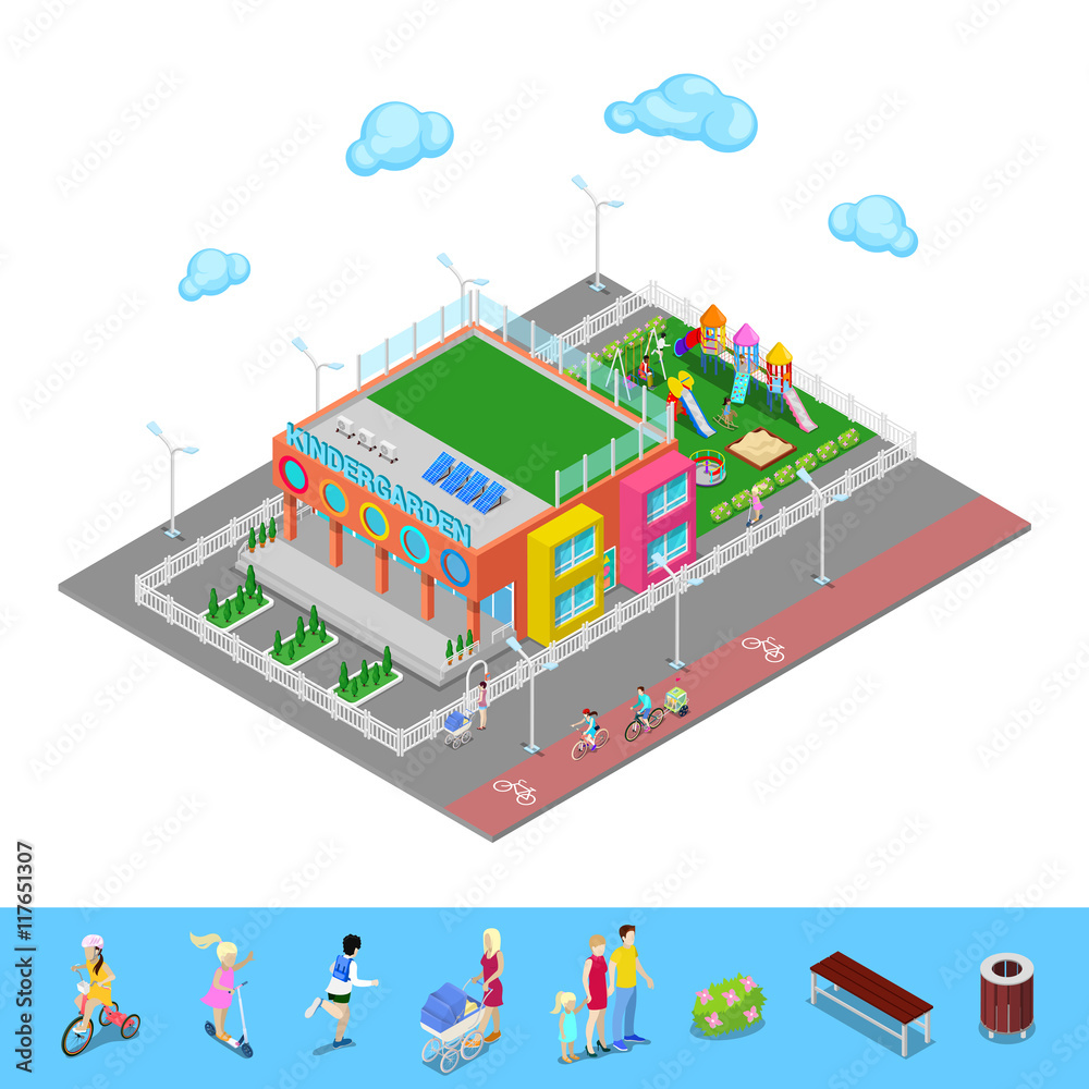 Isometric Kindergarten with Playground and Children. Vector illustration