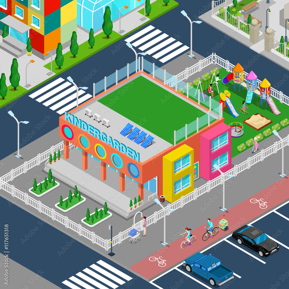 Isometric Kindergarten with Playground and Children. Vector illustration Isometric Kindergarten with Playground and Children. Vector illustration