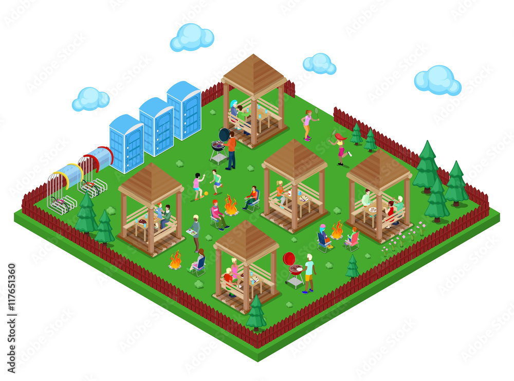 Family Grill BBQ Area in the Forest with Active People Cooking Meat and Playing Sports. Isometric City. Vector illustration