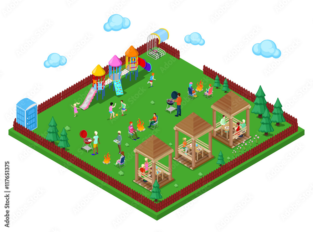 Family Grill BBQ Area in the Forest with Children Playground and Active People Cooking Meat. Isometric City. Vector illustration