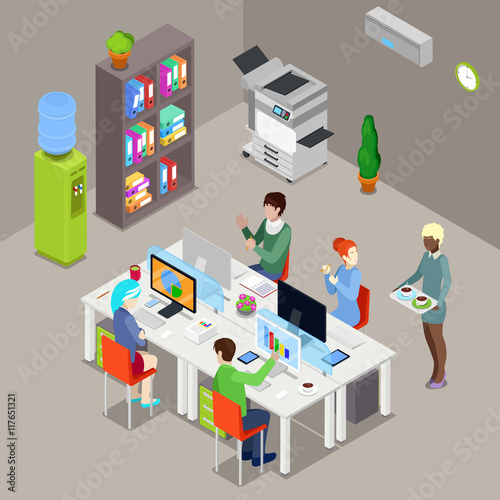 Isometric Office Open Space with Workers and Computers. Vector illustration