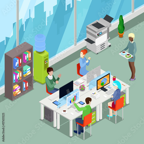 Isometric Office Open Space with Workers and Computers. Vector illustration