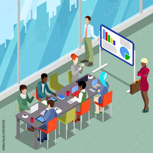 Isometric Conference Room Business Presentation with People. Vector illustration