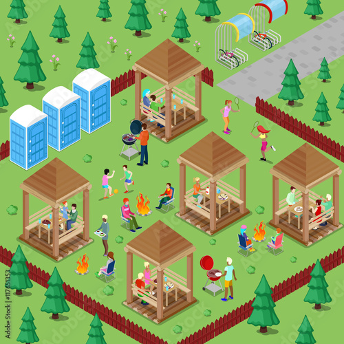 Family Grill BBQ Area in the Forest with Active People Cooking Meat and Playing Sports. Isometric City. Vector illustration