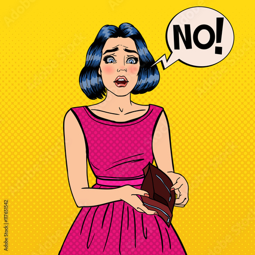 Unhappy Woman Showing Empty Wallet. Financial Failure. Pop Art Vector illustration