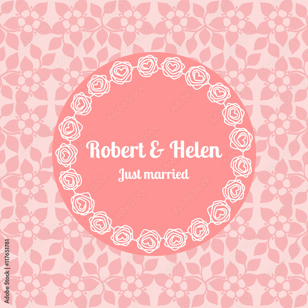 Just married wedding card template decorated cute pattern with floral frame. Vector illustration