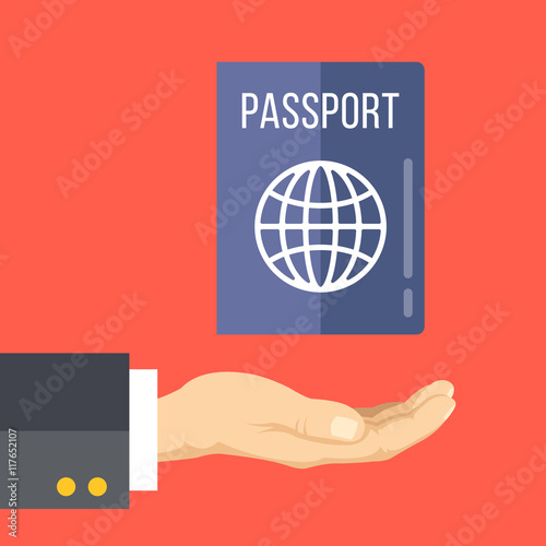Hand and passport. Getting or renewing a passport concept. Flat vector illustration